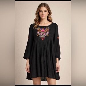 Free People Mohave Boho Embroidered Black Peasant Top Dress medium